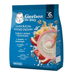 Gerber Kaszka ryżowo-owsiana, jabłko, banan, truskawka, mleczna 160g *